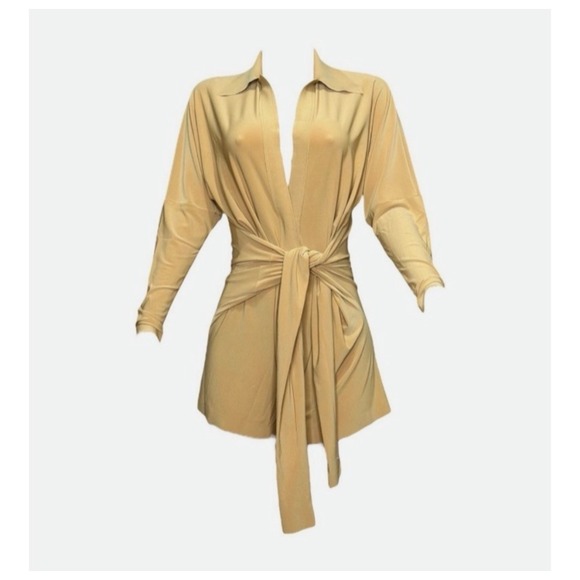 Norma Kamali Pants - Norma Kamali Minimalist Tan Long Sleeve Tie Front Designer Romper Playsuit S